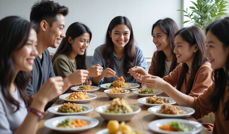 A diverse group of healthy people enjoying a balanced meal together