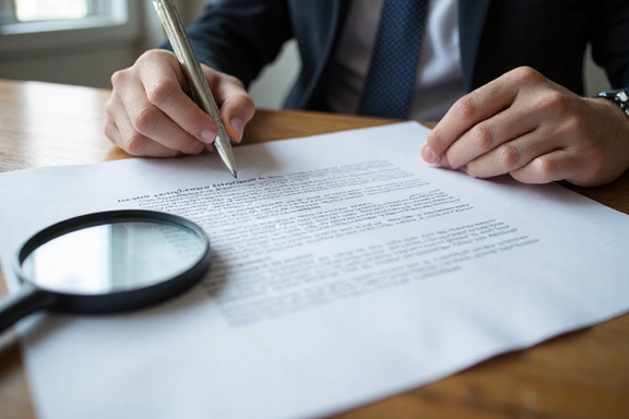 Person reading a legal document with a magnifying glass